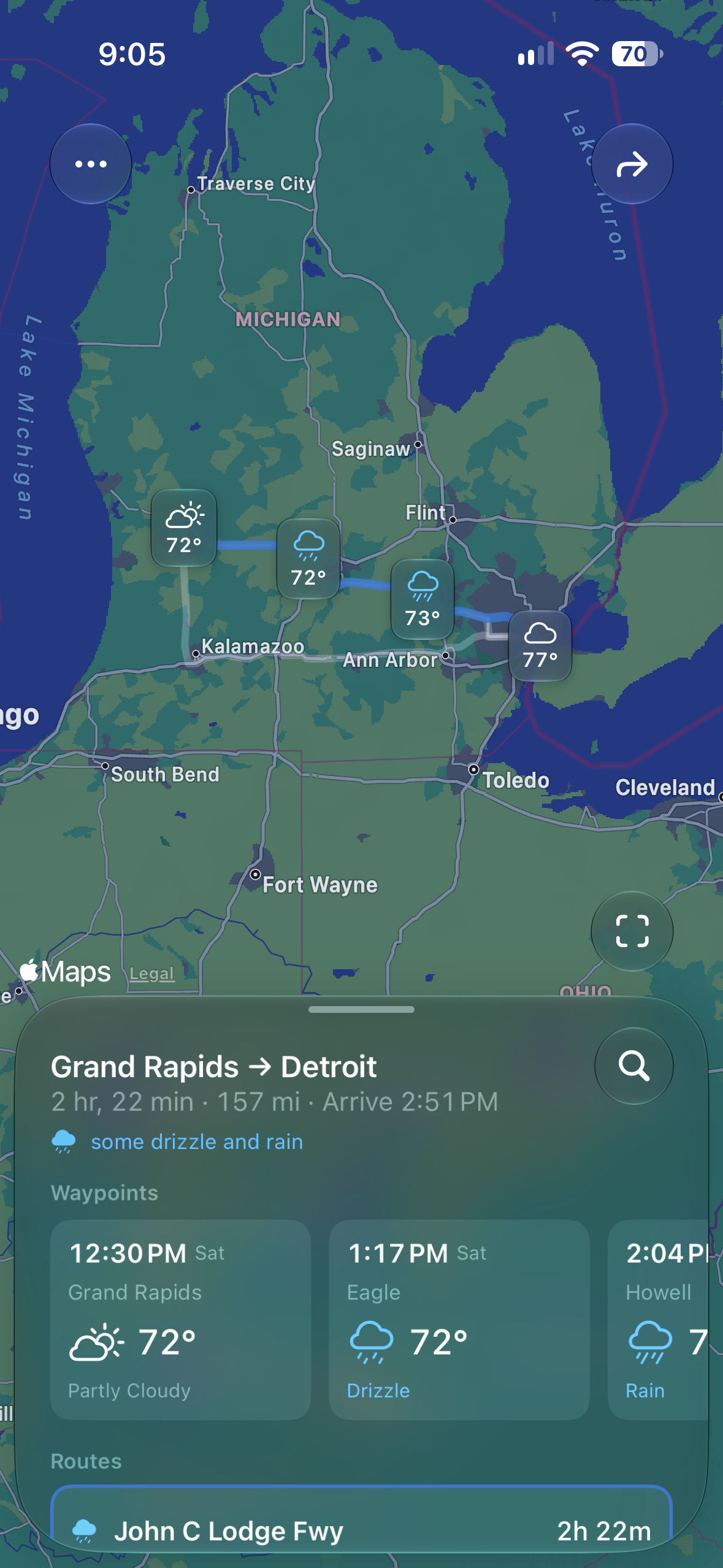 Severe Clear showing a Grand Rapids to Detroit route, with the weather at each waypoint along it